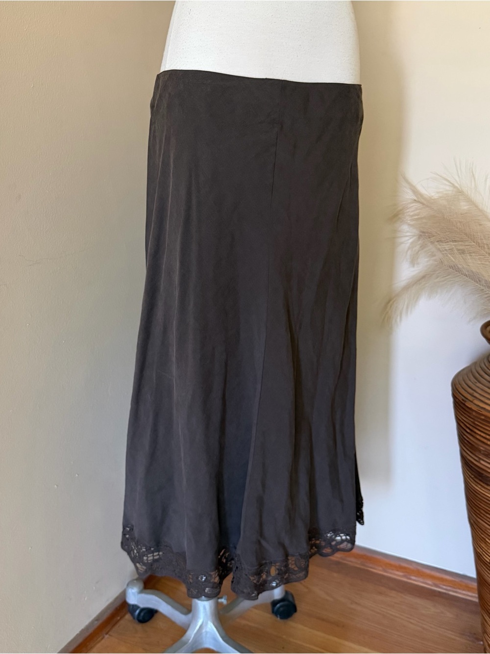 Women's Brown silk linen Midi Skirt with Lace Hem